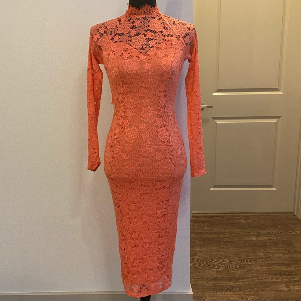 Wow Couture Coral Lace Midi Dress Size S